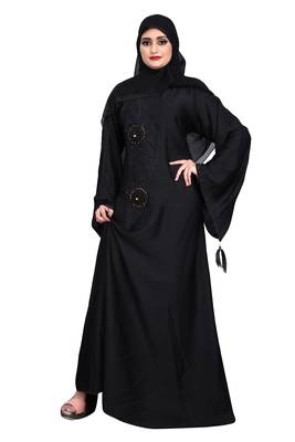 Beautiful black daisy flower embroidery work nida burqa and stone worked.with georgette dupatta fully black set 1