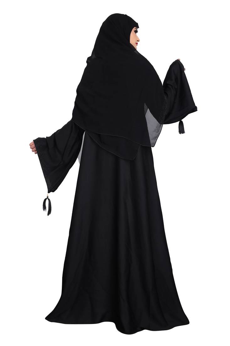 Beautiful black daisy flower embroidery work nida burqa and stone worked.with georgette dupatta fully black set