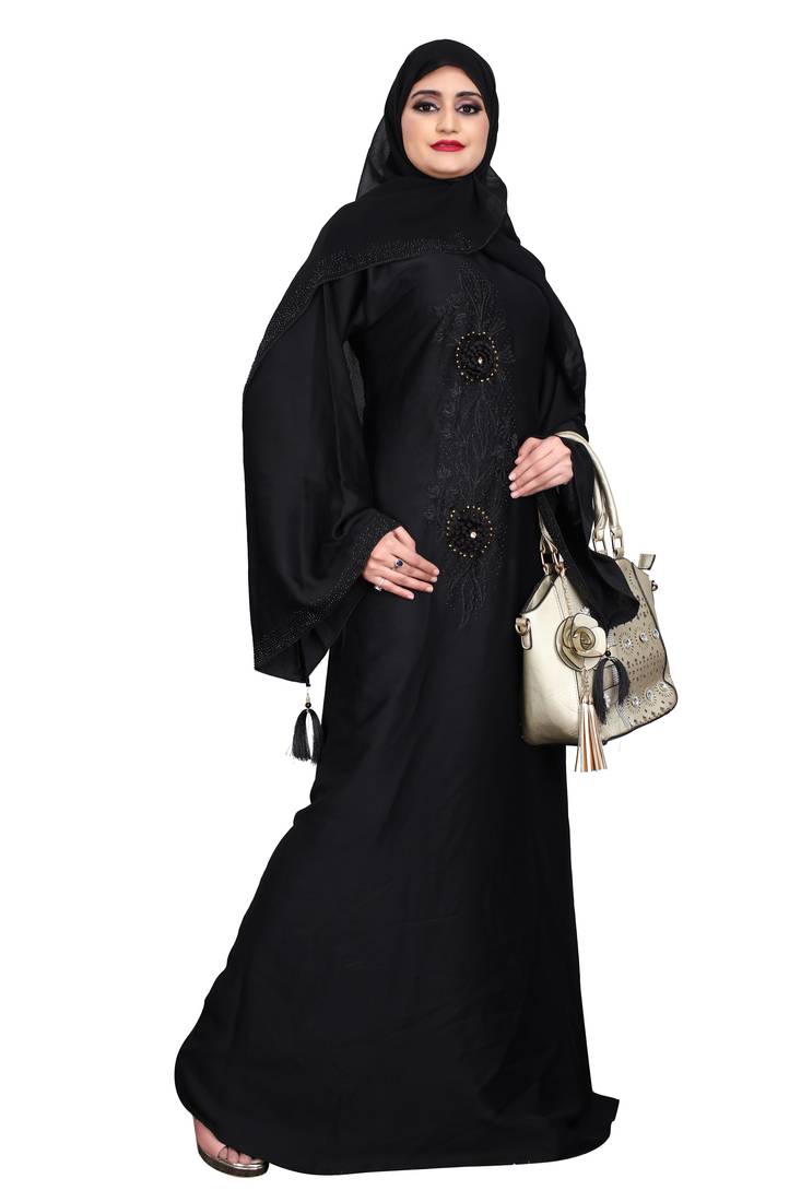 Beautiful black daisy flower embroidery work nida burqa and stone worked.with georgette dupatta fully black set