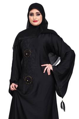 Beautiful black daisy flower embroidery work nida burqa and stone worked.with georgette dupatta fully black set 4
