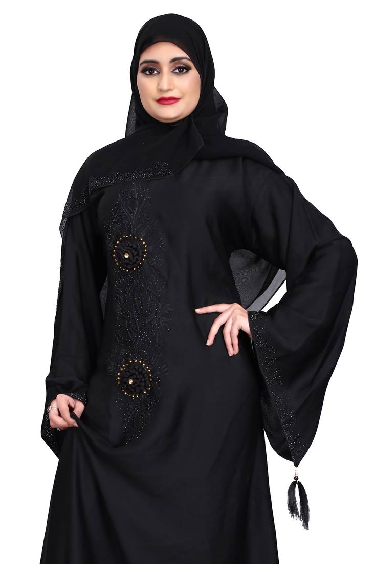 Beautiful black daisy flower embroidery work nida burqa and stone worked.with georgette dupatta fully black set