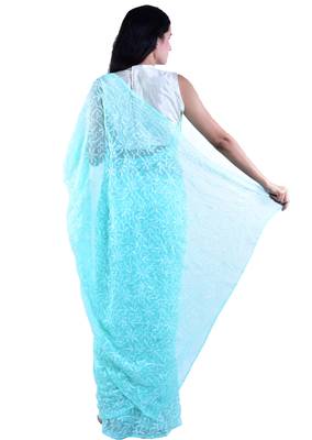 Lavangi Light Sea Green Hand Embroidered Lucknow Chikan Tepchi WorK Faux Georgette Saree with Blouse 3