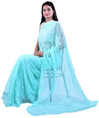 Lavangi Light Sea Green Hand Embroidered Lucknow Chikan Tepchi WorK Faux Georgette Saree with Blouse 4