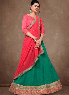 Teal Green Embroidery Silk Party wear Lehenga 1