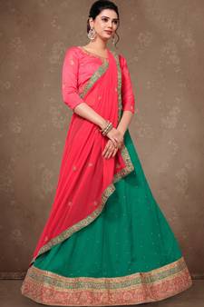 Teal Green Embroidery Silk Party wear Lehenga