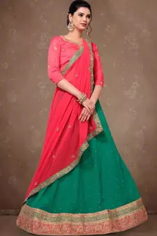 Teal Green Embroidery Silk Party wear Lehenga