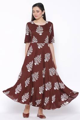THIAB Womens Rayon Floral Print Flared Long Gown (Brown) 1