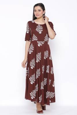 THIAB Womens Rayon Floral Print Flared Long Gown (Brown) 2