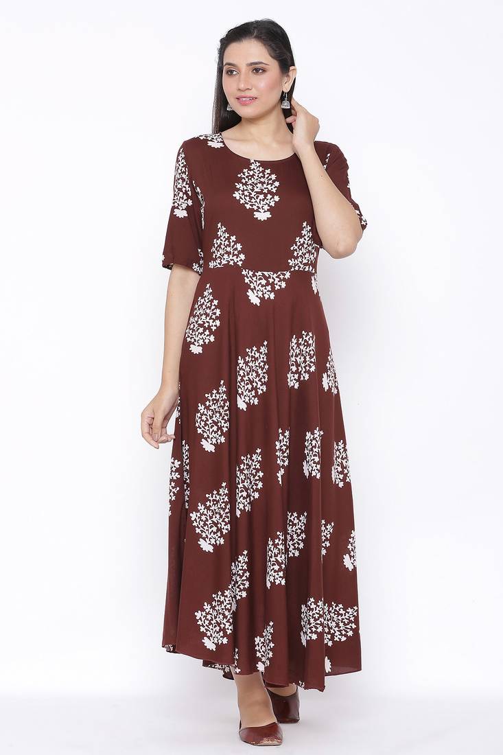 THIAB Womens Rayon Floral Print Flared Long Gown (Brown)