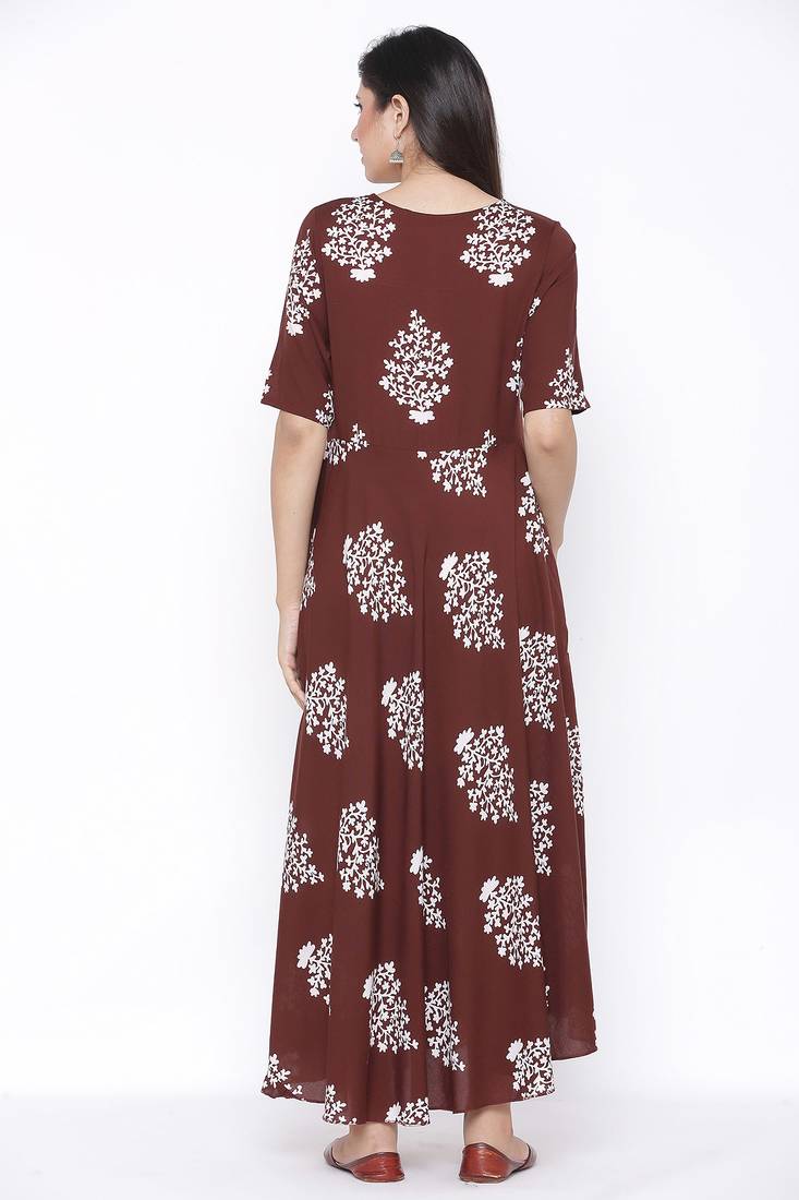 THIAB Womens Rayon Floral Print Flared Long Gown (Brown)