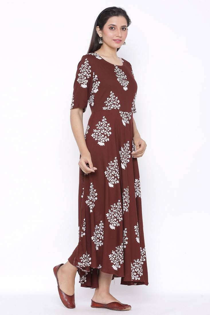 THIAB Womens Rayon Floral Print Flared Long Gown (Brown)