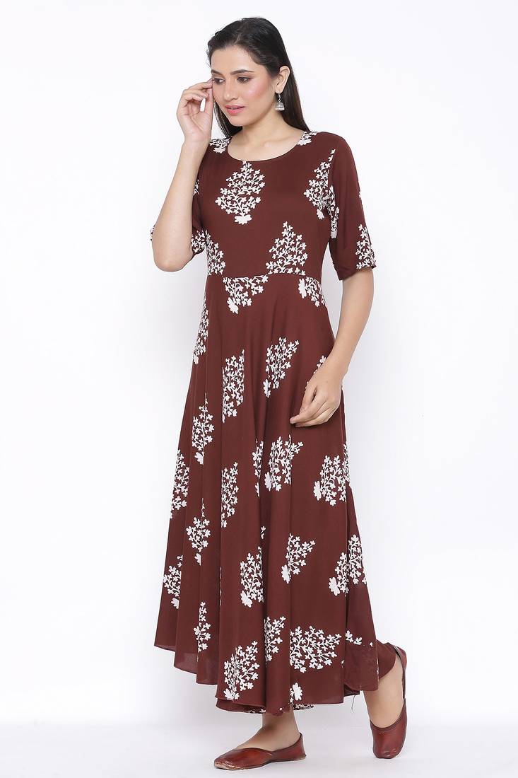 THIAB Womens Rayon Floral Print Flared Long Gown (Brown)
