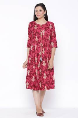 THIAB Womens Rayon Printed Flared Dress (Red) 1