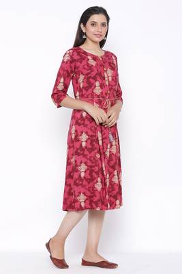 THIAB Womens Rayon Printed Flared Dress (Red) 2