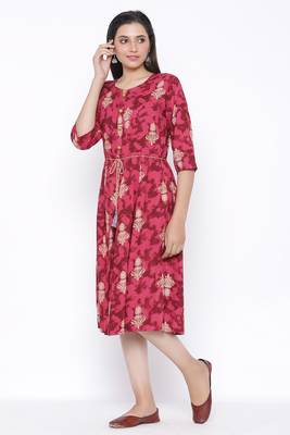 THIAB Womens Rayon Printed Flared Dress (Red) 3