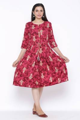 THIAB Womens Rayon Printed Flared Dress (Red) 5