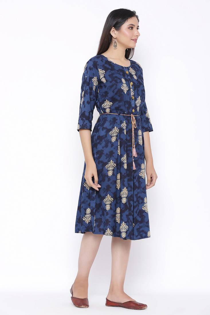 THIAB Womens Rayon Printed Flared Dress (Royal Blue)