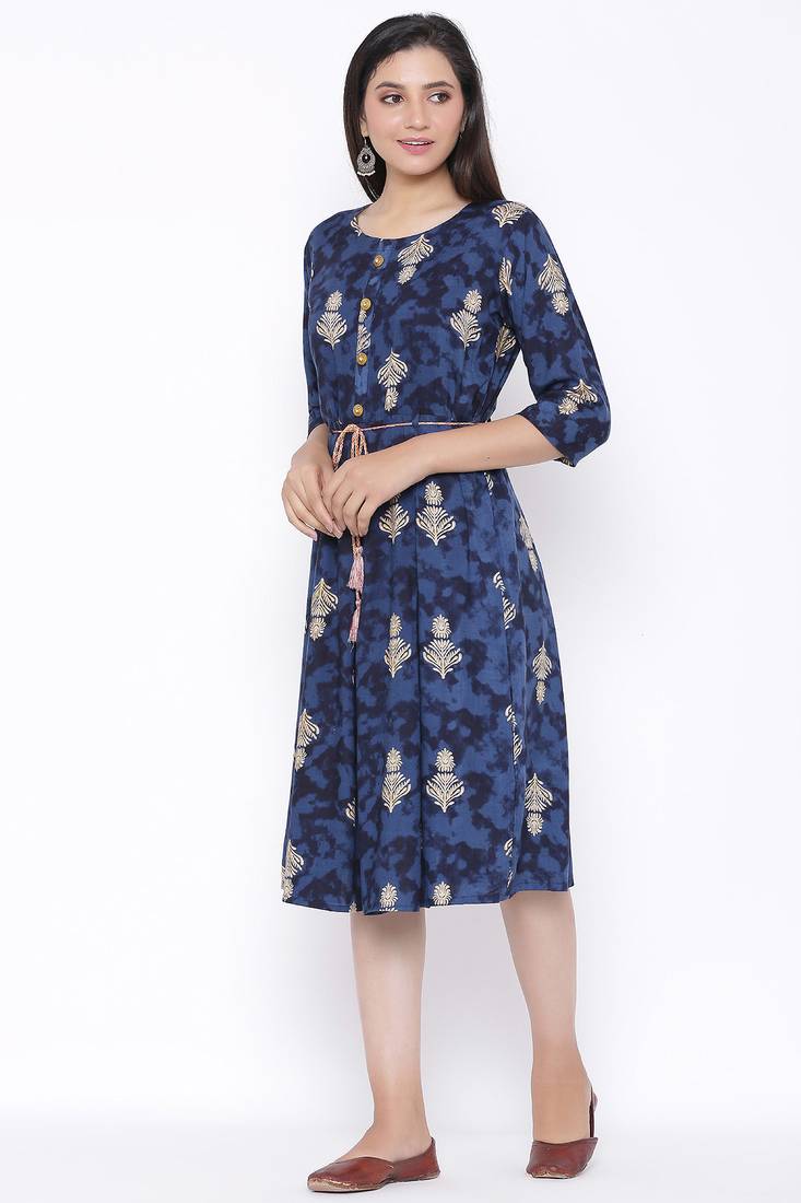 THIAB Womens Rayon Printed Flared Dress (Royal Blue)