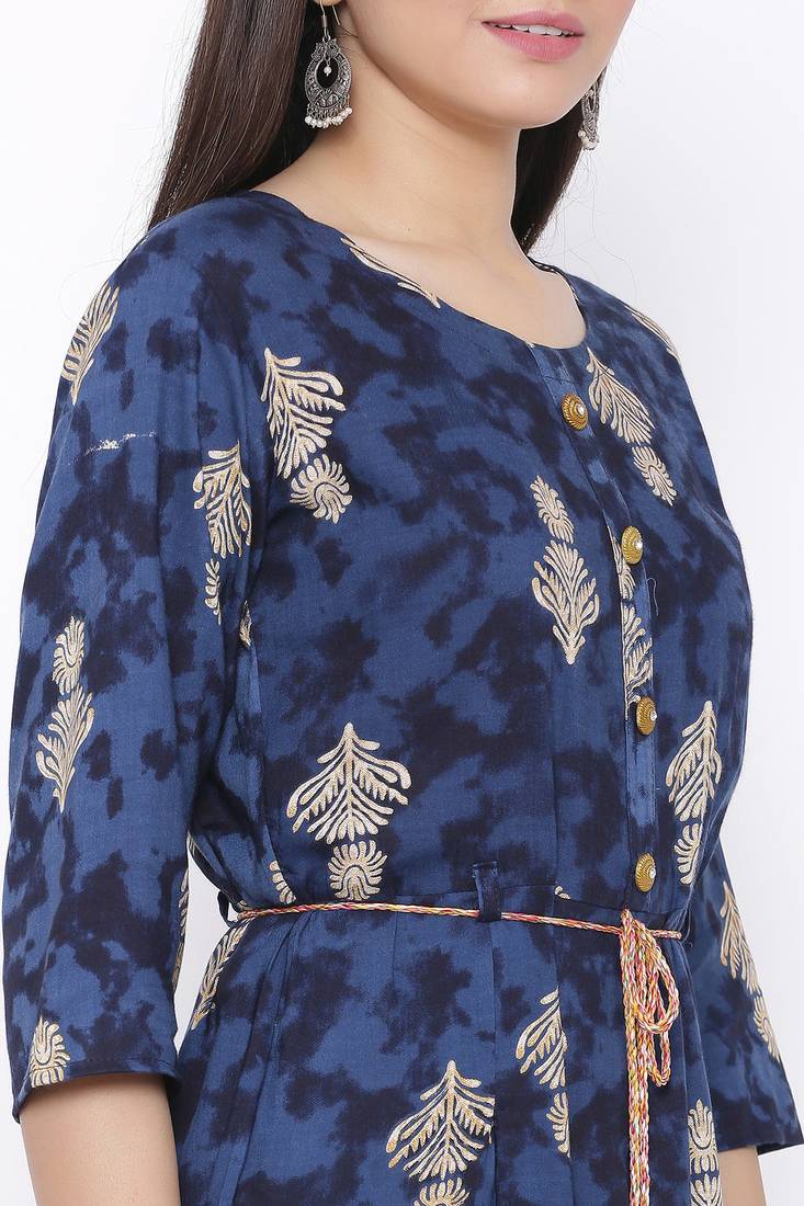 THIAB Womens Rayon Printed Flared Dress (Royal Blue)