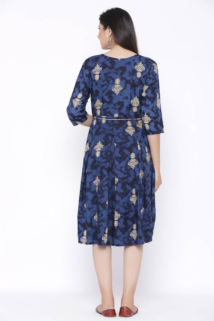 THIAB Womens Rayon Printed Flared Dress (Royal Blue)