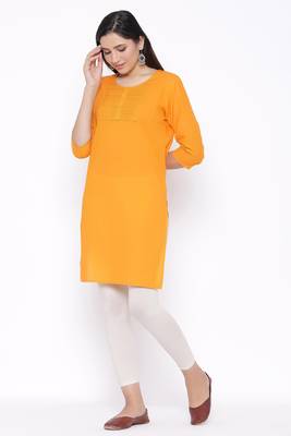 THIAB Womens Cotton Embroidered Straight Kurta (Orange) 4