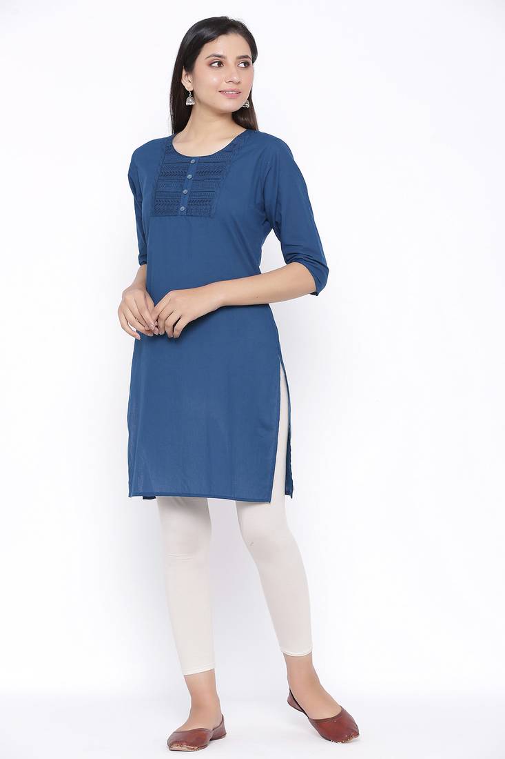 THIAB Womens Cotton Embroidered Straight Kurta (Teal Blue)