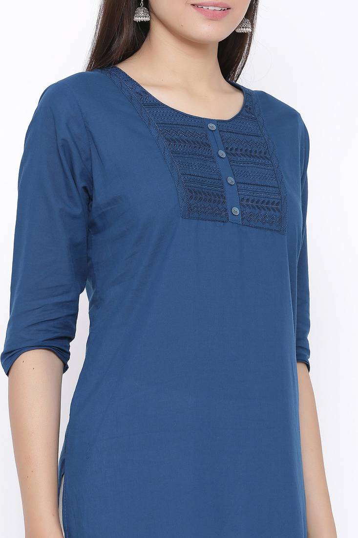 THIAB Womens Cotton Embroidered Straight Kurta (Teal Blue)