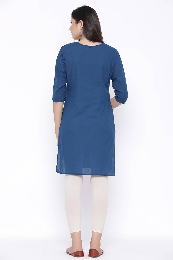 THIAB Womens Cotton Embroidered Straight Kurta (Teal Blue)