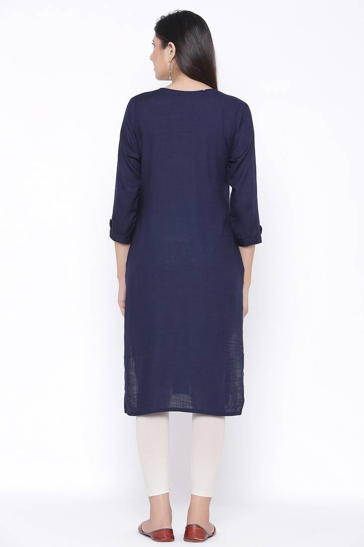 THIAB Womens Rayon Embroidered Straight Kurta (Navy Blue)