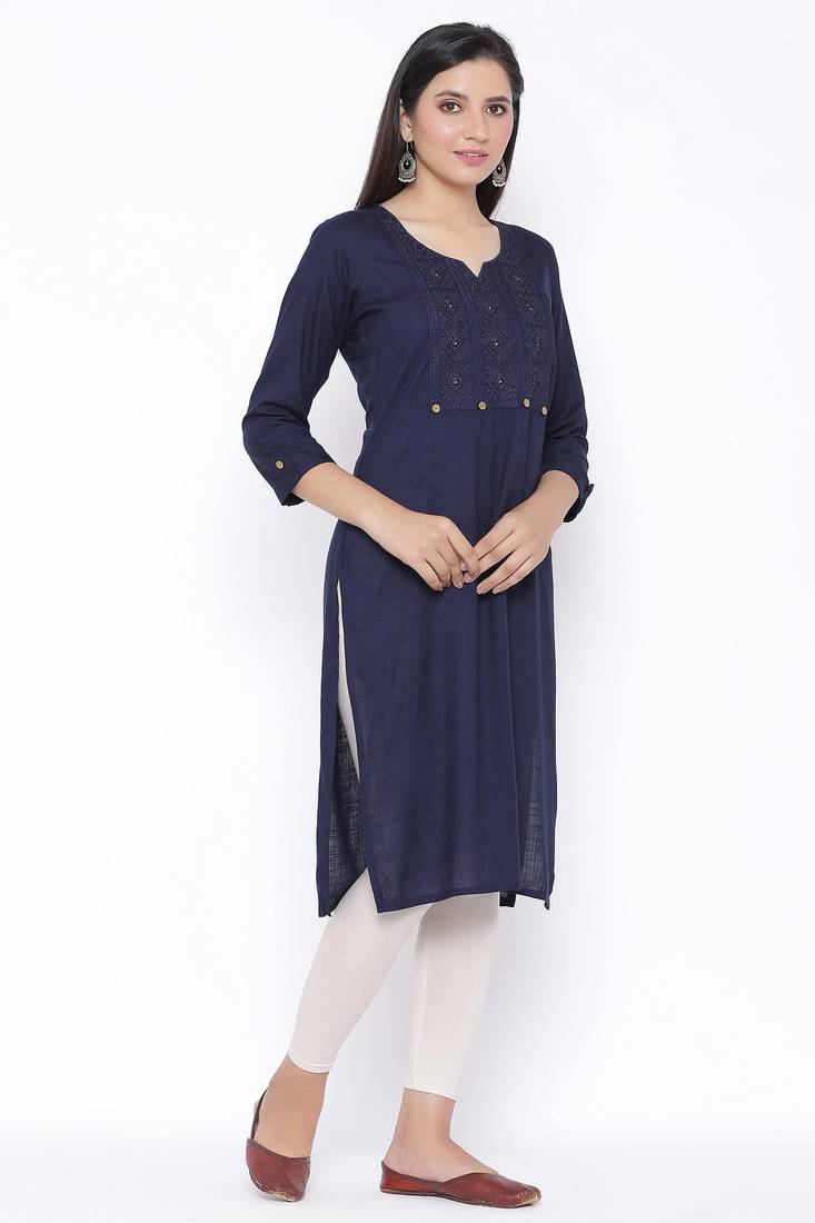 THIAB Womens Rayon Embroidered Straight Kurta (Navy Blue)