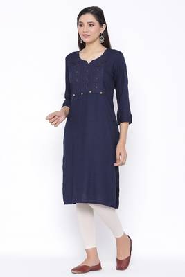 THIAB Womens Rayon Embroidered Straight Kurta (Navy Blue) 1