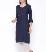 THIAB Womens Rayon Embroidered Straight Kurta (Navy Blue)