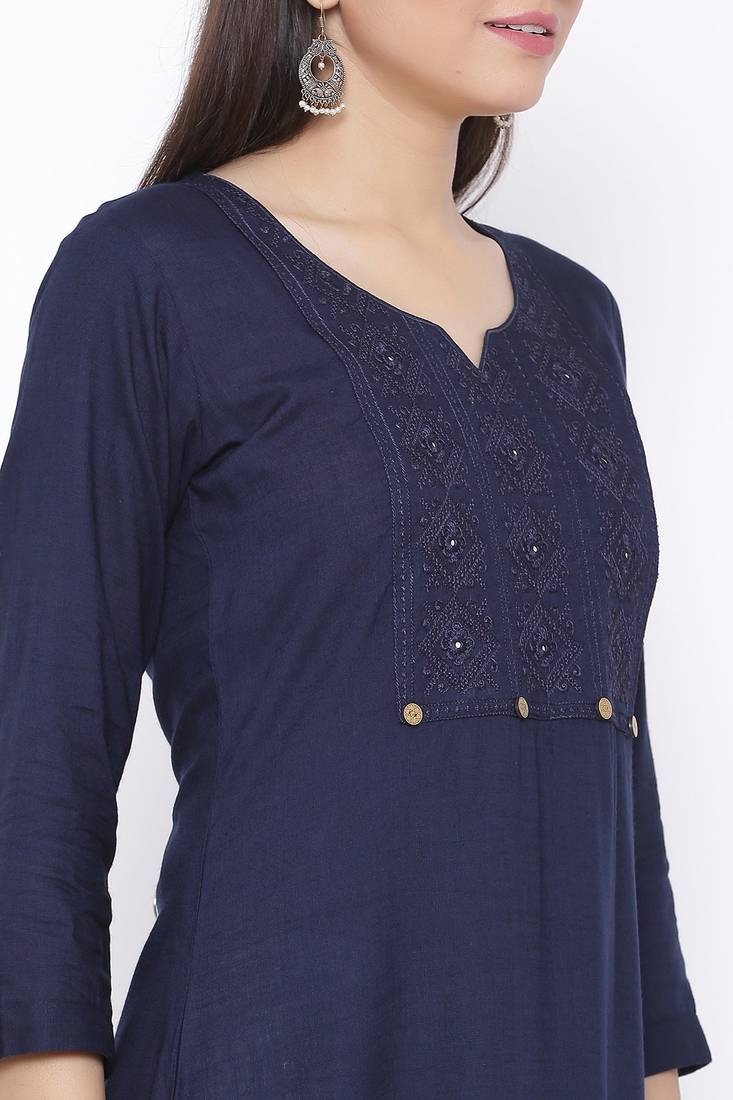THIAB Womens Rayon Embroidered Straight Kurta (Navy Blue)