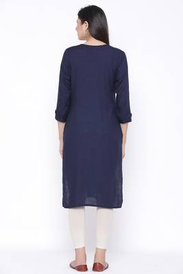 THIAB Womens Rayon Embroidered Straight Kurta (Navy Blue) 5