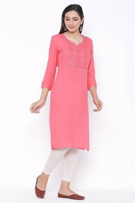 THIAB Womens Rayon Embroidered Straight Kurta (Peach) 1