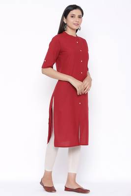 THIAB Womens Cotton Solid Straight Kurta (Maroon) 1