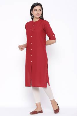 THIAB Womens Cotton Solid Straight Kurta (Maroon) 3