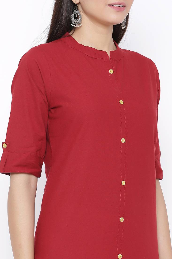 THIAB Womens Cotton Solid Straight Kurta (Maroon)