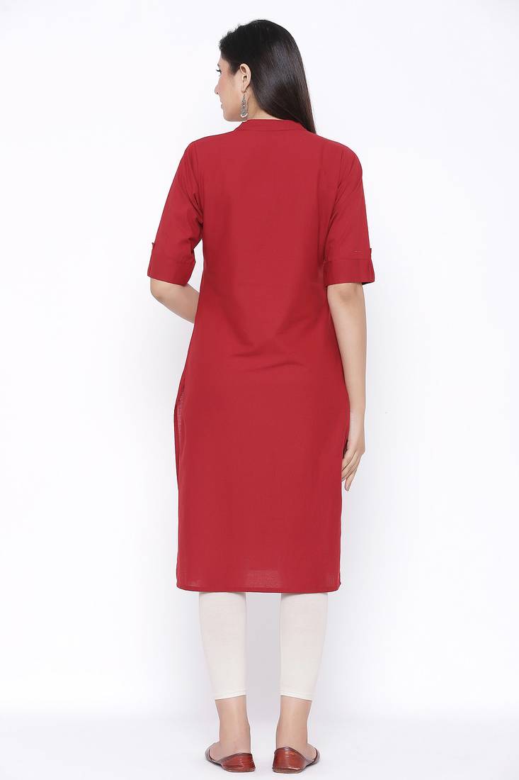 THIAB Womens Cotton Solid Straight Kurta (Maroon)