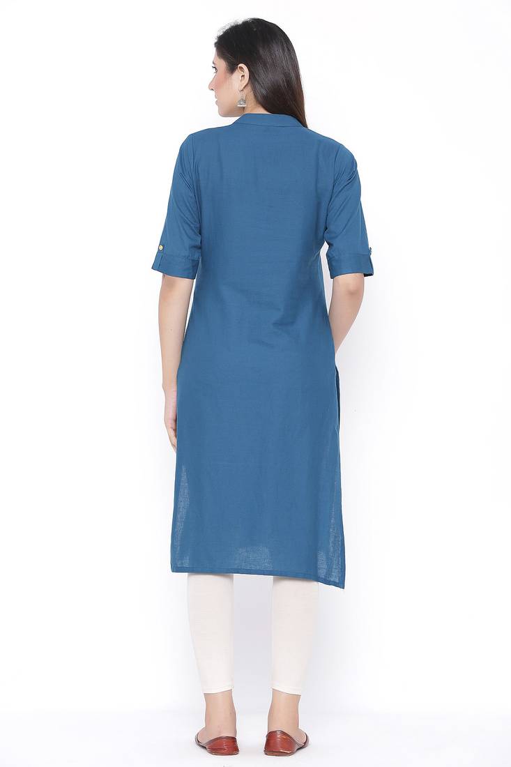 THIAB Womens Cotton Solid Straight Kurta (Teal Blue)