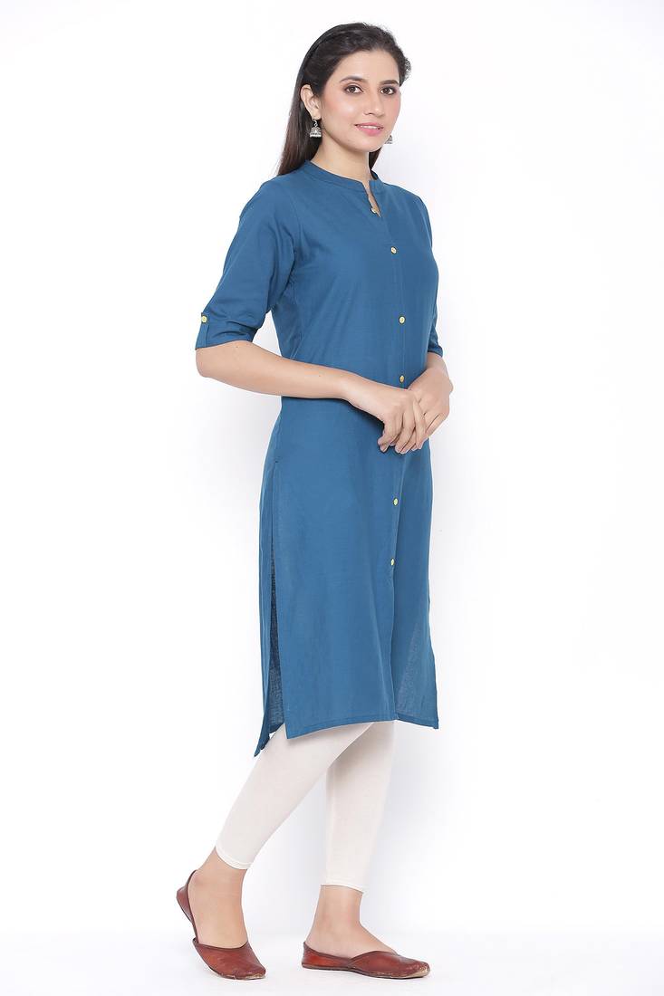 THIAB Womens Cotton Solid Straight Kurta (Teal Blue)