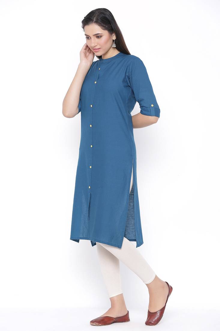THIAB Womens Cotton Solid Straight Kurta (Teal Blue)