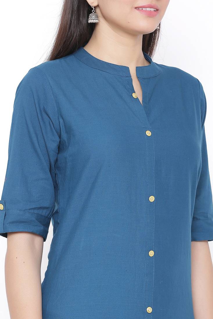 THIAB Womens Cotton Solid Straight Kurta (Teal Blue)