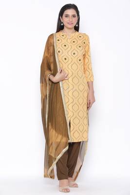 THIAB Womens Rayon Printed Straight Kurta Palazzo Dupatta Set (Beige) 1