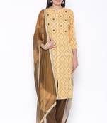 THIAB Womens Rayon Printed Straight Kurta Palazzo Dupatta Set (Beige)