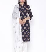 THIAB Womens Rayon Printed Straight Kurta Palazzo Dupatta Set (Navy Blue)