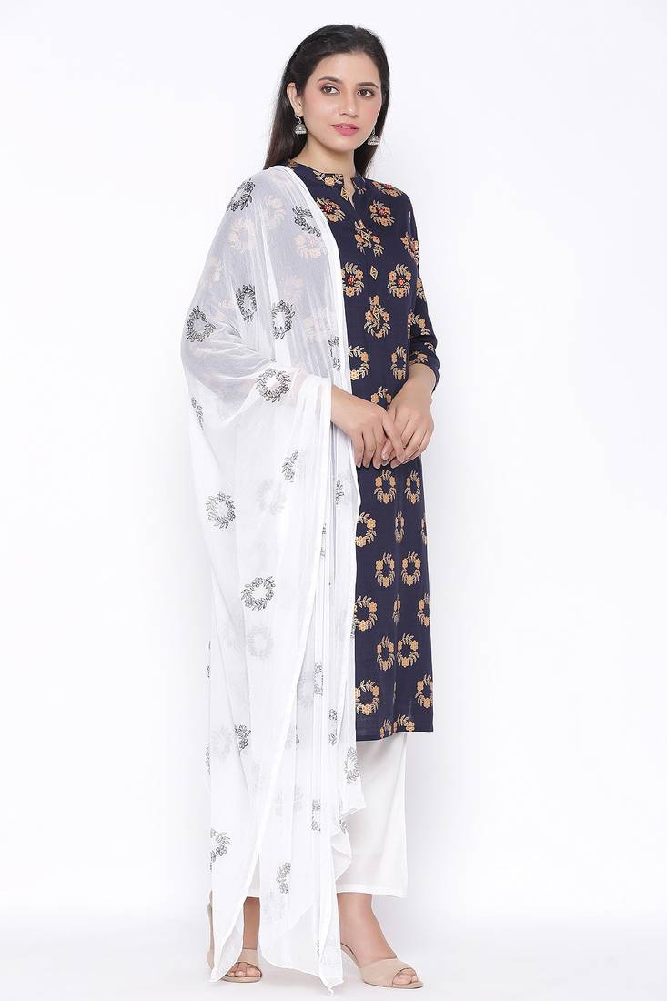 THIAB Womens Rayon Printed Straight Kurta Palazzo Dupatta Set (Navy Blue)