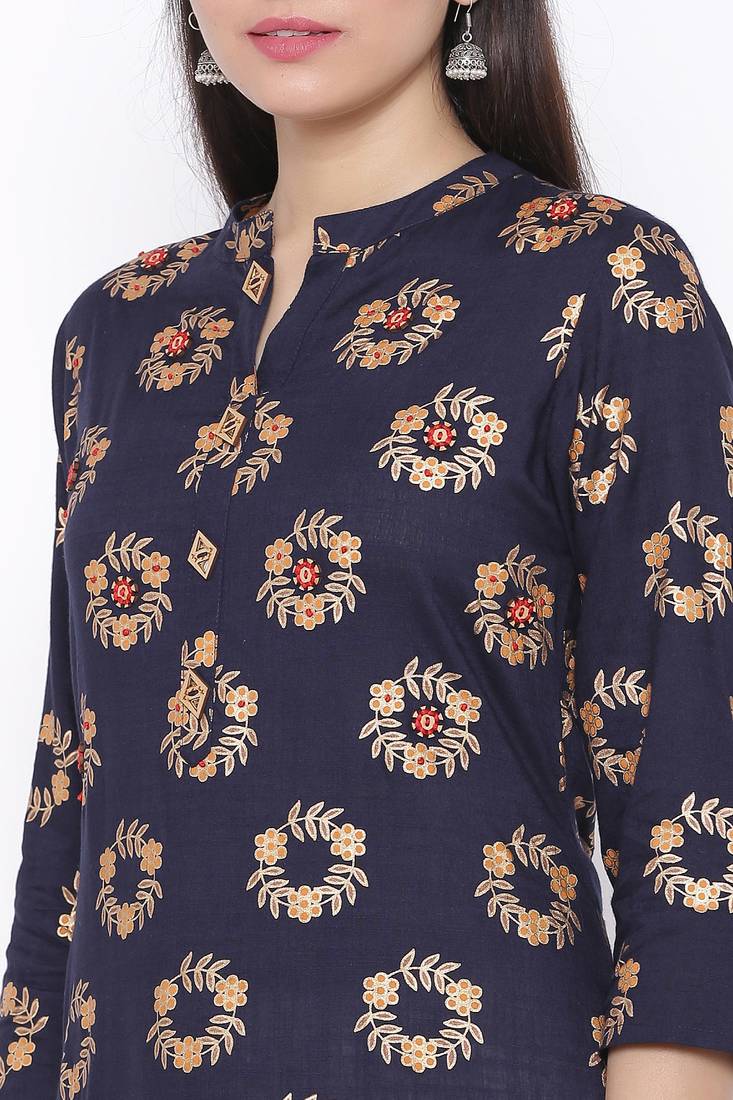 THIAB Womens Rayon Printed Straight Kurta Palazzo Dupatta Set (Navy Blue)