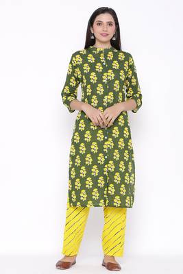 THIAB Womens Cotton Cambric Printed Straight Kurta Palazzo Set (Green) 1