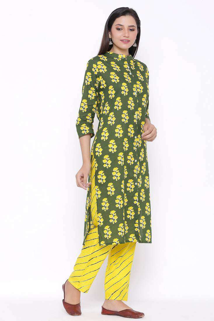 THIAB Womens Cotton Cambric Printed Straight Kurta Palazzo Set (Green)
